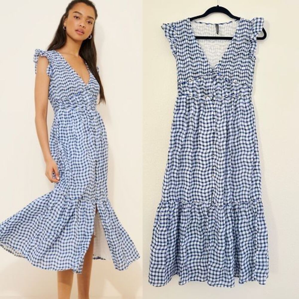 Anthropologie The Peregrine Midi Dress Gingham Blue Cottagecore Women XS X-Small